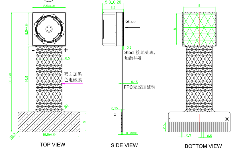 RF-OV5695-JD01 V1.0摄像头模组结构与接口图